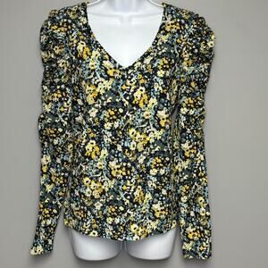 Loft Blue Yellow Seersucker Puff Sleeve V-Neck Feminine Long Sleeve Top Womens S